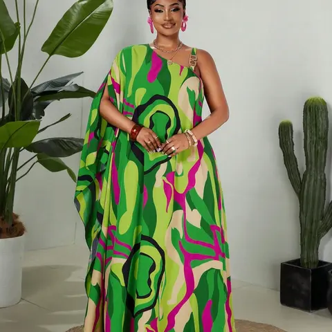 Plus Size Women's Maxi Dress, Long Line Print, Perfect Beachwear for Vacation, Casual Summer