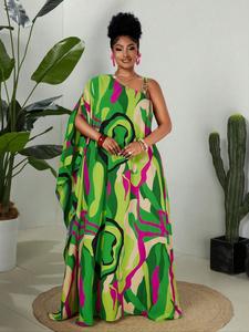 plus size women's off shoulder spaghetti strap dress, long line print kaftan, perfect beachwear for vacation, casual summer, lady