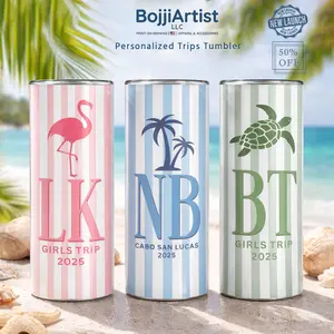 BojjiCo Personalized Skinny Stainless Steel Water Bottle - Reusable, Insulated, Portable Drinkware For Women, Preppy Coastal Tropical Beach Vacation Bachelorette Party Favors, Custom Bride & Bridesmaids Souvenir, Pastel Pink Blue Green Striped Tumbler