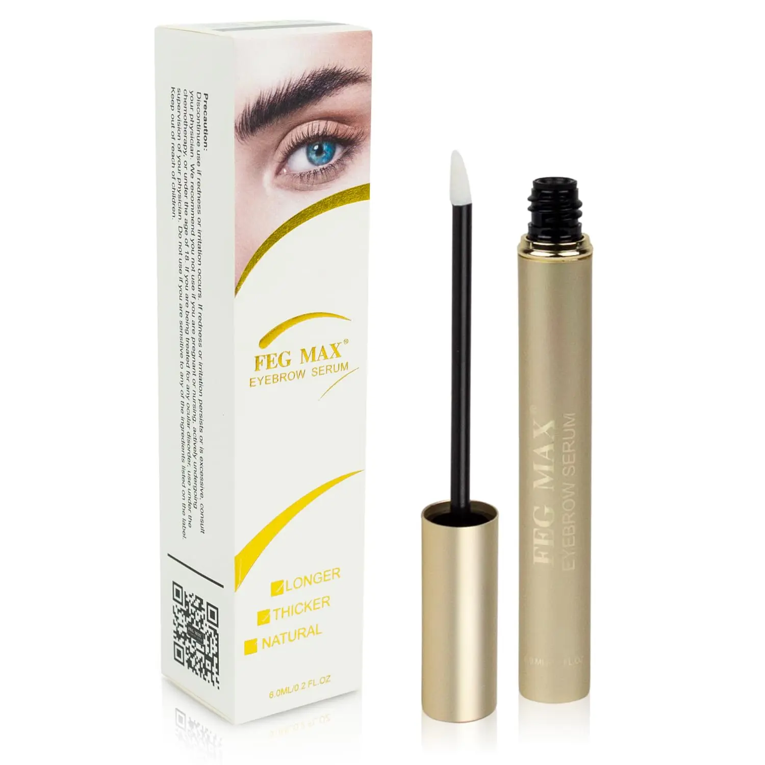 FEG Max Eyebrow Growth Serum - Extra Strength Peptides Blend with Castor Oil, Jojoba Oil, Prostaglandin-Free, Vegan, Hormone-Free, Nightly Apply for Thicker, Fuller, Darker Brows, 6ml (6-Month Supply)