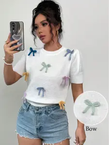 Women's Trendy Coquette Knit Top with 3D Pastel Bows & Short Sleeves Soft Stretchy Fabric Pullover for Summer & Date Night Sweet Aesthetic Sweater