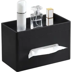 Plus Size Tissue Box Cover Rectangle, PU Leather Tissue Box Holder with Storage Tray, Decorative Organizer Tissue Holder for Bathroom, Bedroom Dresser, Night Stand, Office (Black)