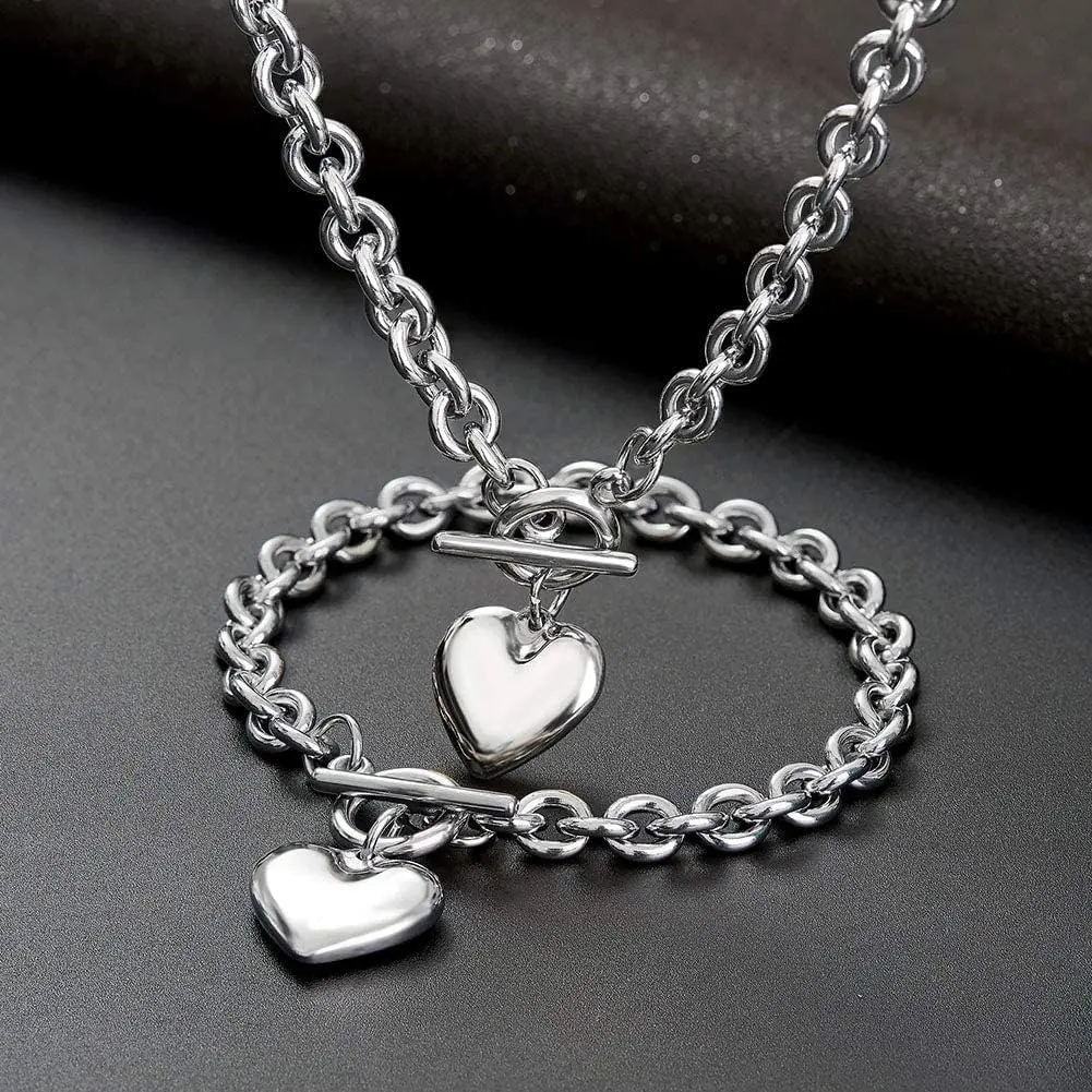 Women's Stainless Steel Heart Toggle Accessory Set - Choker Necklace, Layering Costume Jewelry for Valentine's Fashion, Toggle Clasp