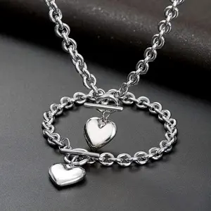 Stainless Steel Chain Heart Toggle Choker Bracelet Necklace Set for Womens Fashion Valentine Jewelry Set