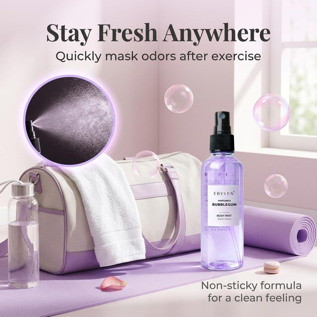 EBYVEN Bubblegum Hair & Body Fragrance Mist - Unisex Bubble Gum Perfume, Fruit-Candy-Rose-Musk Scent, Aromatic Fruity Liquid, Alcohol-Free Beauty Product, Contains Neither Alcohol, Up to 2.9 fl. oz. (100ml/3.3oz or 85ml), Single Item for Adults