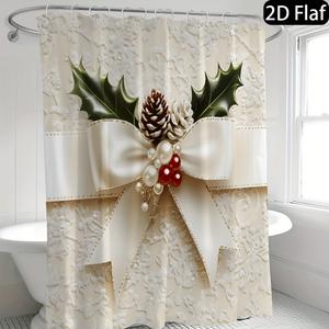 [Christmas Shower Curtain] Christmas 2D Flat Printing 1pc Beautiful Bow & Holly Print Shower Curtain - Machine Washable Easy-Care - Perfect for Bathroom Decor Includes 12 Hooks