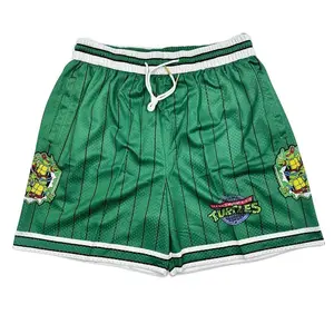 Teenage Mutant Ninja Turtles Line Embellishment Anime Shorts Green Unisex Sports Double-Layered Inner Shorts Full Print Drawstring Design Men Women Mesh Basketball Shorts 4 Pockets 5.5 Inseam
