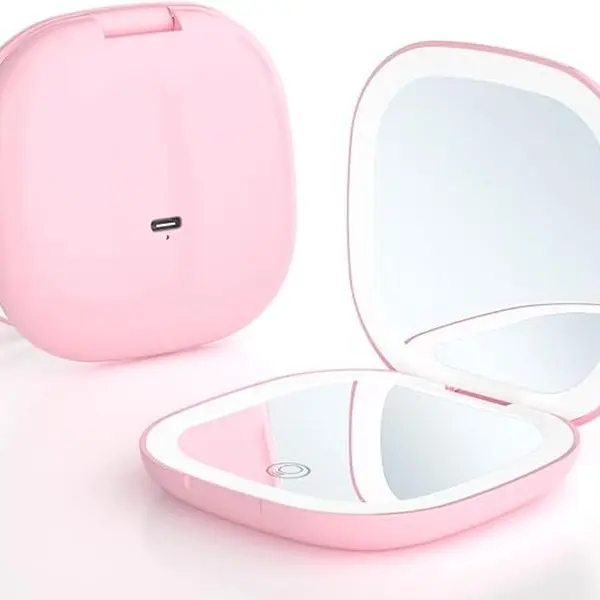 Foldable LED Illuminated Vanity Mirror - Double-Sided 1x/2x Magnifying Handheld Mirror, Dimmable Adjustable Bright Light, USB Charging Port, Compact Portable for Travel (Purse-Carry Single Item)