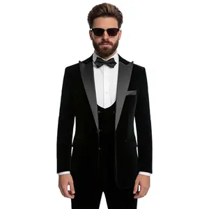 Men's 3 Piece Velvet Suit Set  Formal Tuxedo Blazer, Vest & Pants with Free Bow Tie, Slim Fit Shawl Lapel Wedding Groom Suit for Prom, Dinner, Party