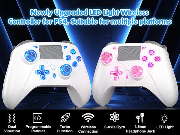 Wireless Controller for PS4, PS4 Pro, PS4 Slim with RGB Light, Turbo Function & Programmable Back Paddles – 1000mAh Fast Charging, 6-Axis Gyro, Dual Vibration, 3.5mm Audio Jack, 15H Game Time