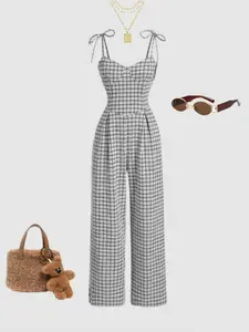 Women's Plaid Belted Long Elegant Fitted Spaghetti Strap Jumpsuit, Slim-Fitting Spring & Fall Fashion, Stylish One-Piece for Casual Wear