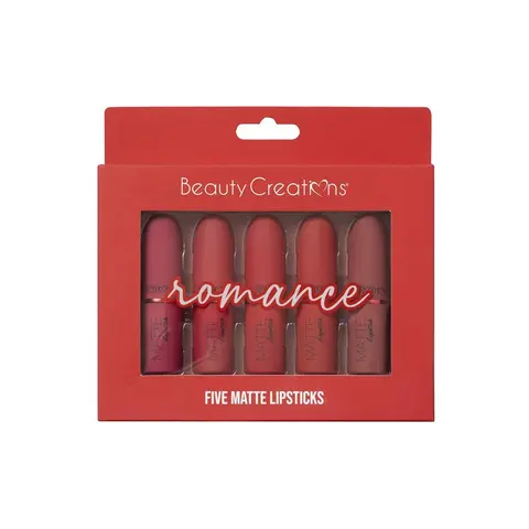 Beauty Creations "ROMANCE" 5-Piece Sulfate-Free Matte Lipstick Kit - Lip Products, Cosmetic Color Stick Lipstick & Lip Gloss, Smooth Glide, Highly Pigmented, Fragrance-Infused Angel-Inspired Makeup Set with Assorted Shades, Get Over It