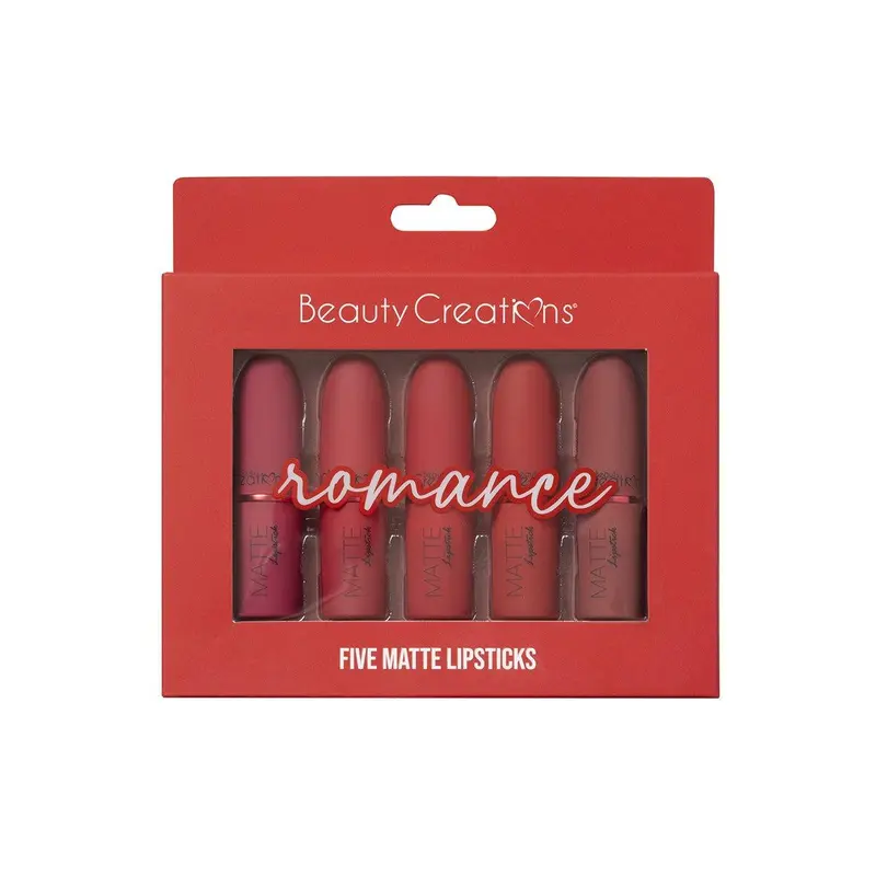 Beauty Creations "ROMANCE" 5-Piece Sulfate-Free Matte Lipstick Kit - Lip Products, Cosmetic Color Stick Lipstick & Lip Gloss, Smooth Glide, Highly Pigmented, Fragrance-Infused Angel-Inspired Makeup Set with Assorted Shades, Get Over It