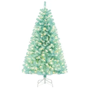 COSTWAY - 6/7 FT Blue Artificial Christmas Tree with 280/380 Warm White LED Lights and Foldable Metal Stand-6 FT