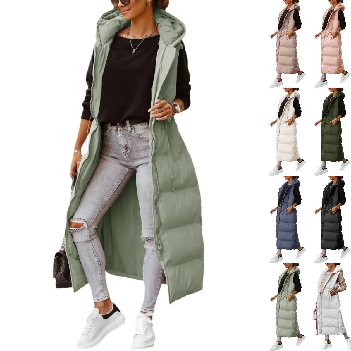 Goranbon Women's Long Quilted Hooded Maxi Sleeveless Full-Zip Cotton Padded Vest Outerwear, Everyday Wear with Durable Fabric, Zipper Detail for Pairing with Jeans & Leggings