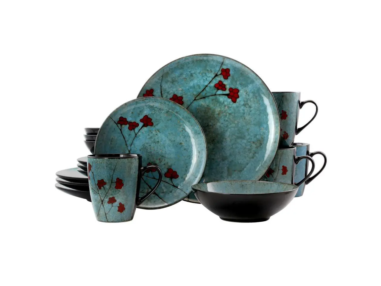 Elama Floral Accents 16 Piece  Dinnerware Set in Blue