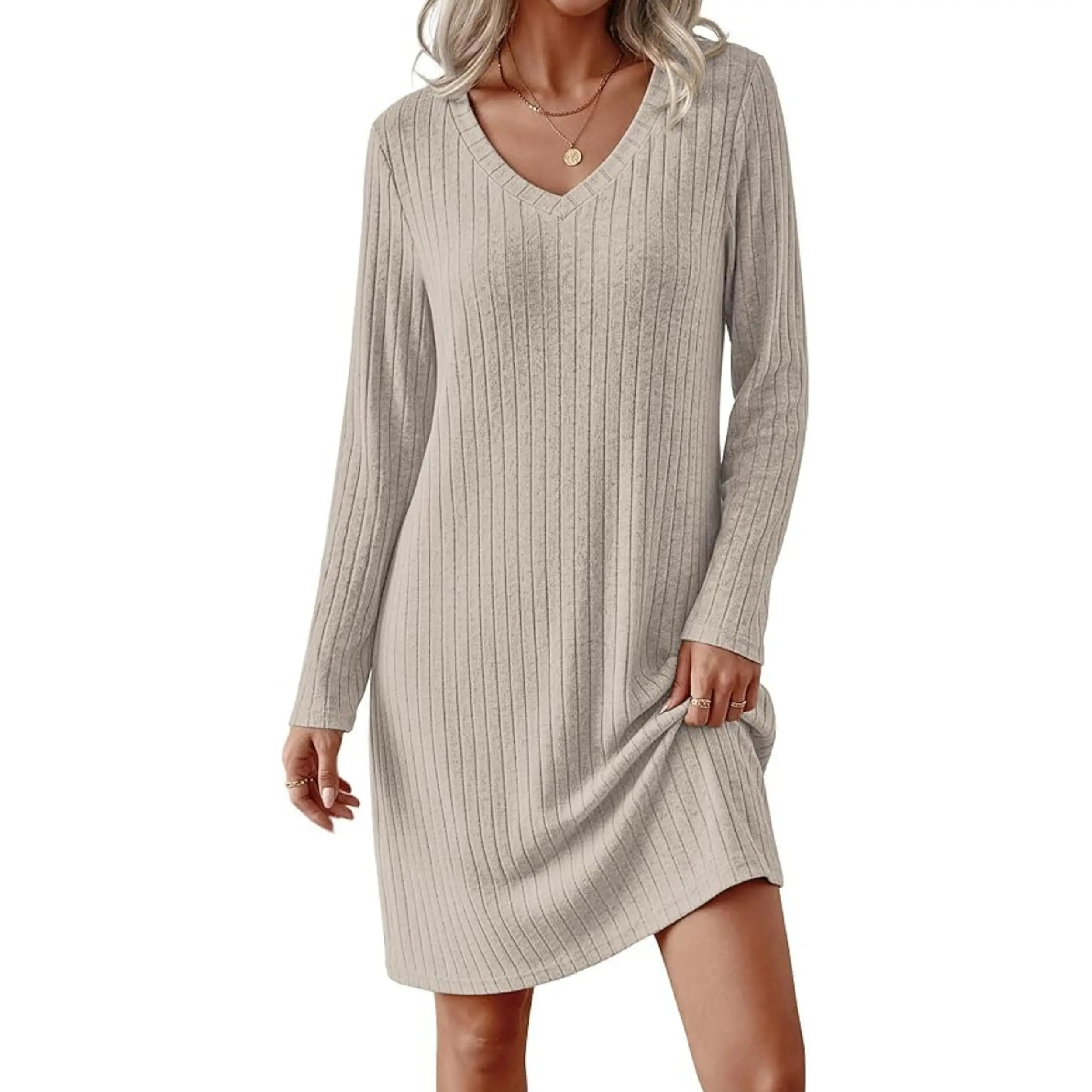 A-Ekouaer Women's Minimalist Basic Longsleeve Ribbed Knit V-Neck Nightgown, Soft Stretchy Loose-Fit Sleepwear (S-3XL) | Cozy Loungewear for Casual Time
