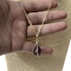 Gold filled Paperclip chain - 9 x 3 mm Drawn Flat Cable Chain - Rectangle Flat Chain - Gold paper clip Chain -With a beautiful natural Amethyst pendant