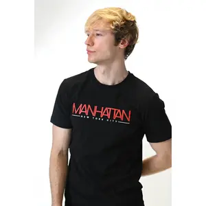 Midnight Manhattan Black T-Shirt for Men - Fitted Short Sleeve Crew Neck Casual Elegant Summer Tee with Bold Red MANHATTAN Print