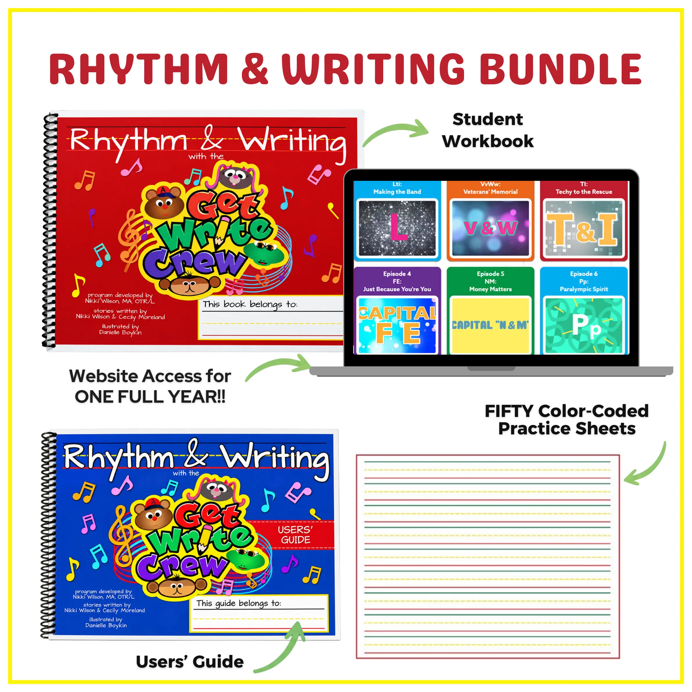 Rhythm & Writing Student Workbook Bundle with 1-Year Website Access User Guide & 50 Color-Coded Practice Sheets