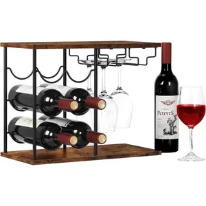 Wine Racks Countertop, Hold 6 Bottles and 4 Wine Glass Rack Wine Holder, Freestanding Wine Rack for Home, Kitchen, Bar, Wine Cellar, Cabinet