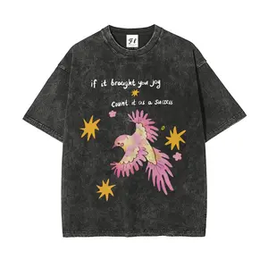 Unisex Distressed Cute Bird Print Casual Heavyweight T-Shirt