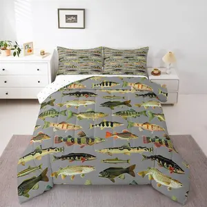 Bass Fish Comforter Set Fishing and Hunting Bedding Set for Kids Boys Girls Rustic Cabin Decor Duvet Quilt Breathable Soft Lightweight Microfiber Bedroom Decor