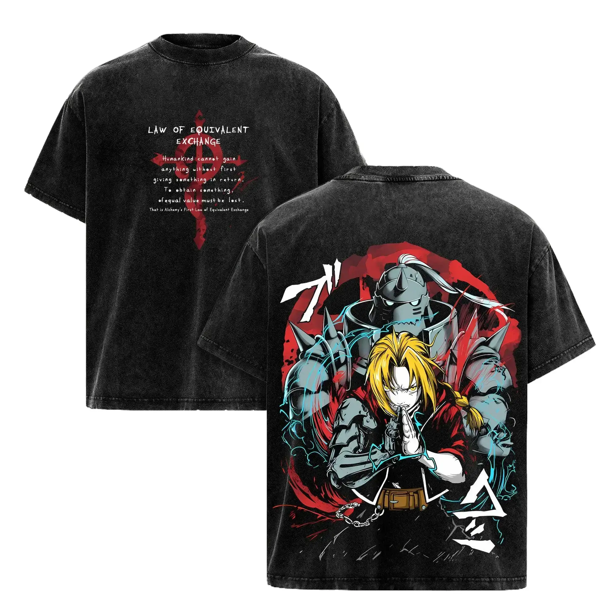 Vintage Fullmetal Alchemist Oversized T-Shirt - Edward & Alphonse Graphic Acid Wash Tee for Men & Women, Anime Streetwear FMA Manga Apparel Y2K Retro Anime Clothing Cosplay Casual Wear Law of Equivalent Exchange Brotherhood Merch Gifts for True Anime Fans