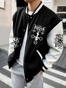 Men's Colorblock Letter Print Drop Shoulder Baseball Collar Varsity Jacket, Regular Fit Casual Comfy Long Sleeve Button Front Outerwear for Daily Wear, Jackets for Men, Men's Clothes for Fall & Winter