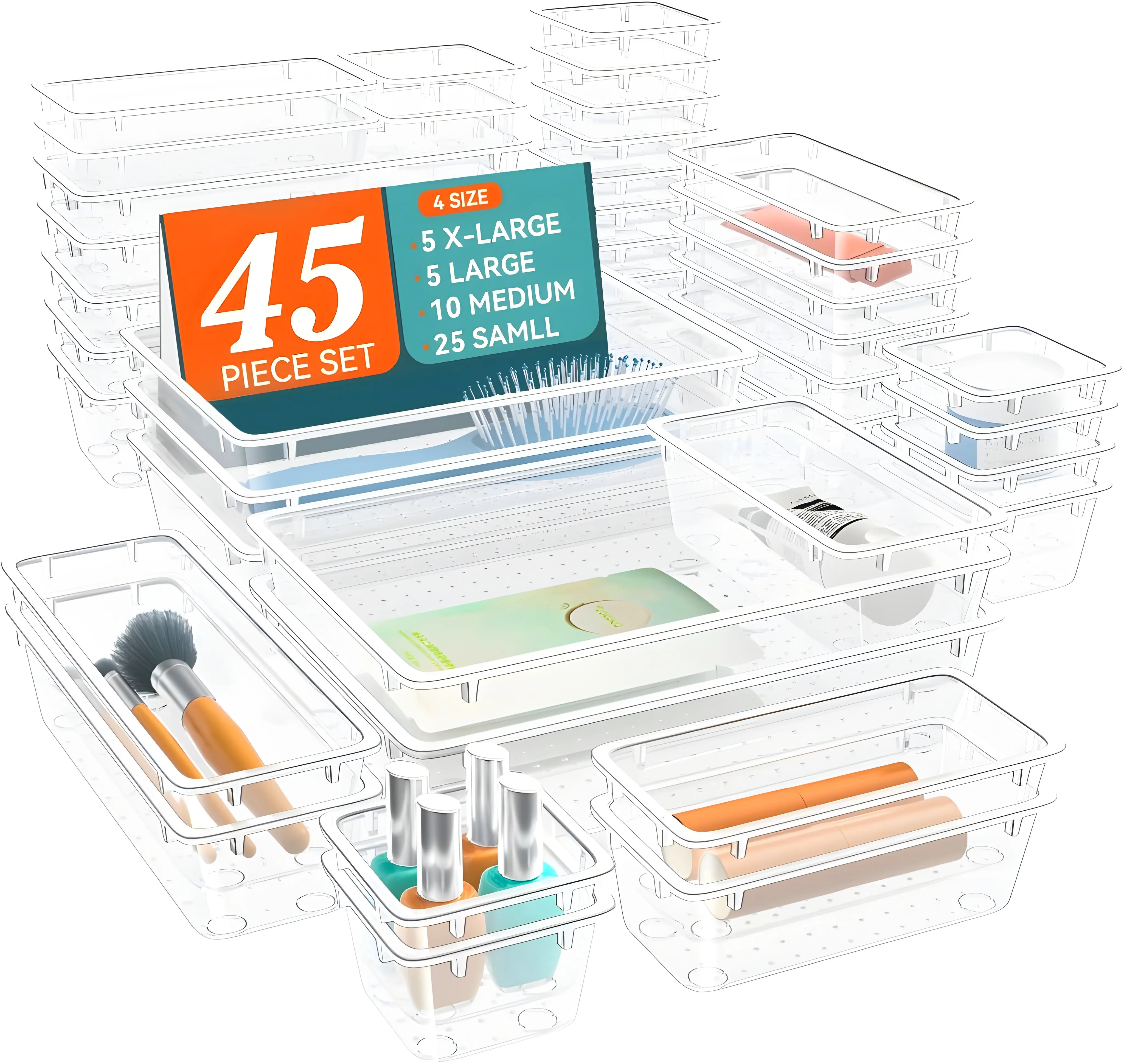 [New Deal] 45PCS Clear Drawer Organizer Set (4 Sizes) - Stop Junk Drawer Chaos! Perfect Plastic Bins for Kitchen Makeup Office, Bathroom. Declutter Hack - Aesthetic & Tidy Storage Solution! Acrylic Drawer Organizers Plastic Trays Office Drawer Organizer 1