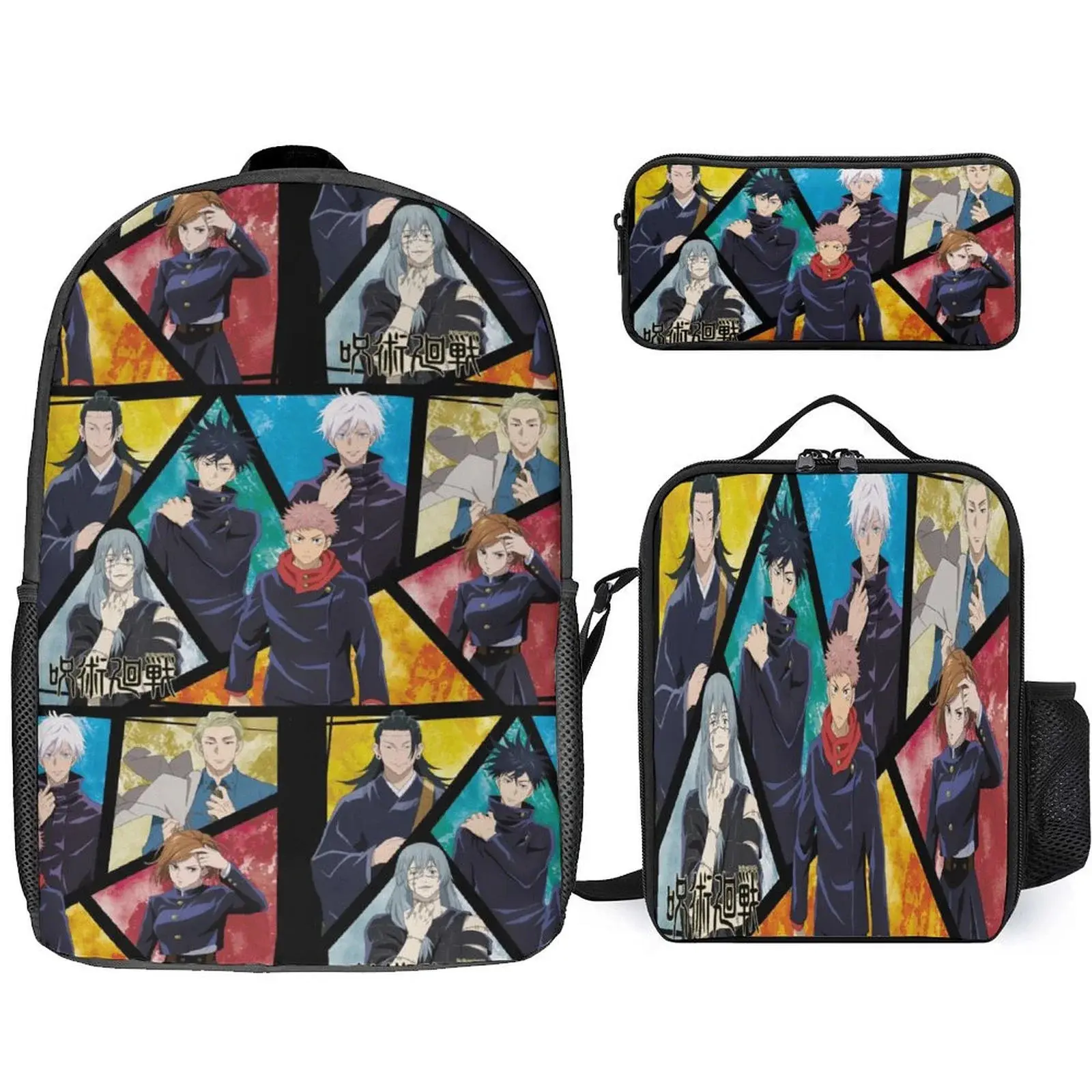 Jujutsu Kaisen Anime Vibrant 3-Piece Backpack Set for Back to School, Work, Fans - High-Capacity All-Over Print College Bookbag, Lunch Bag, Pencil Case for Hiking Travel