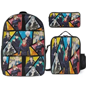 Jujutsu Anime Kaisen 3 Piece Backpack Set with Lunch Bag Pencil Case , High Capacity Bookbag with Lunch Box Pen Box Workplace Travel