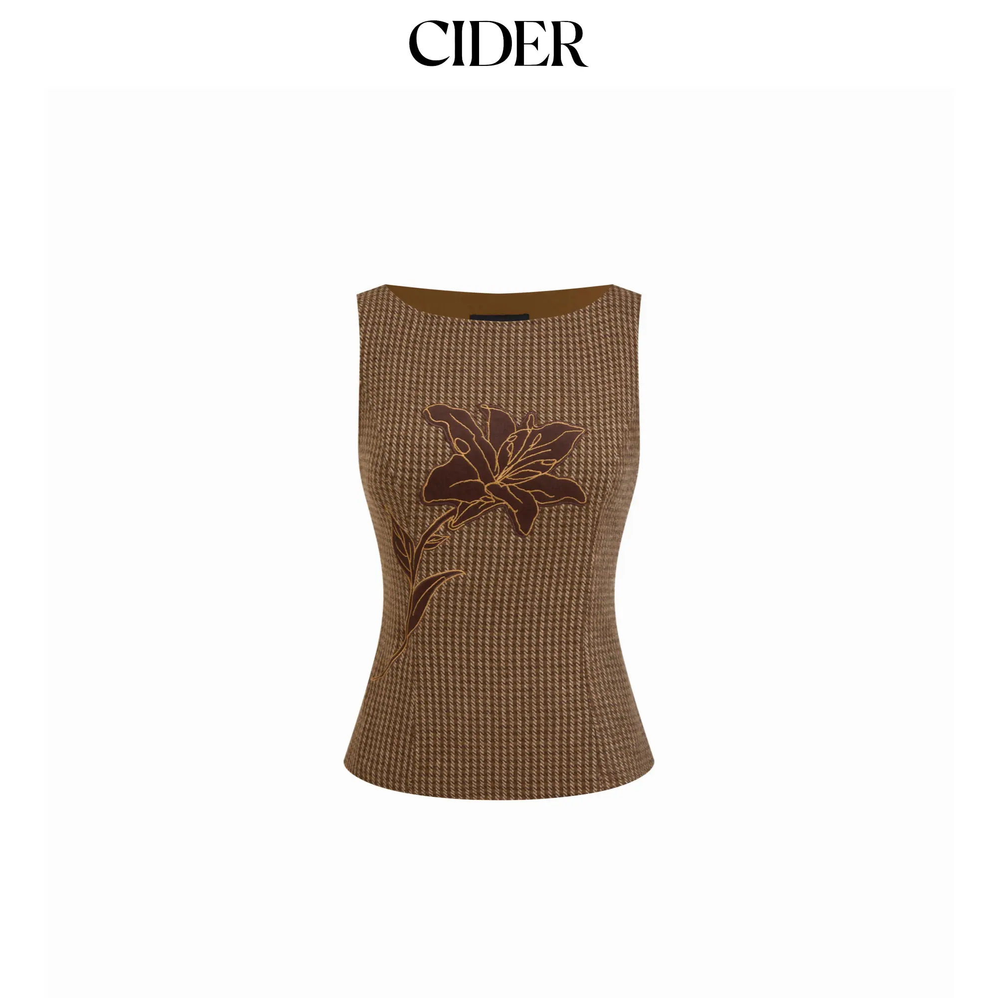 Cider Women's Fitted Sleeveless Boat Neck Tweed Top - Check Pattern, Floral Applique, Casual Elegance Style