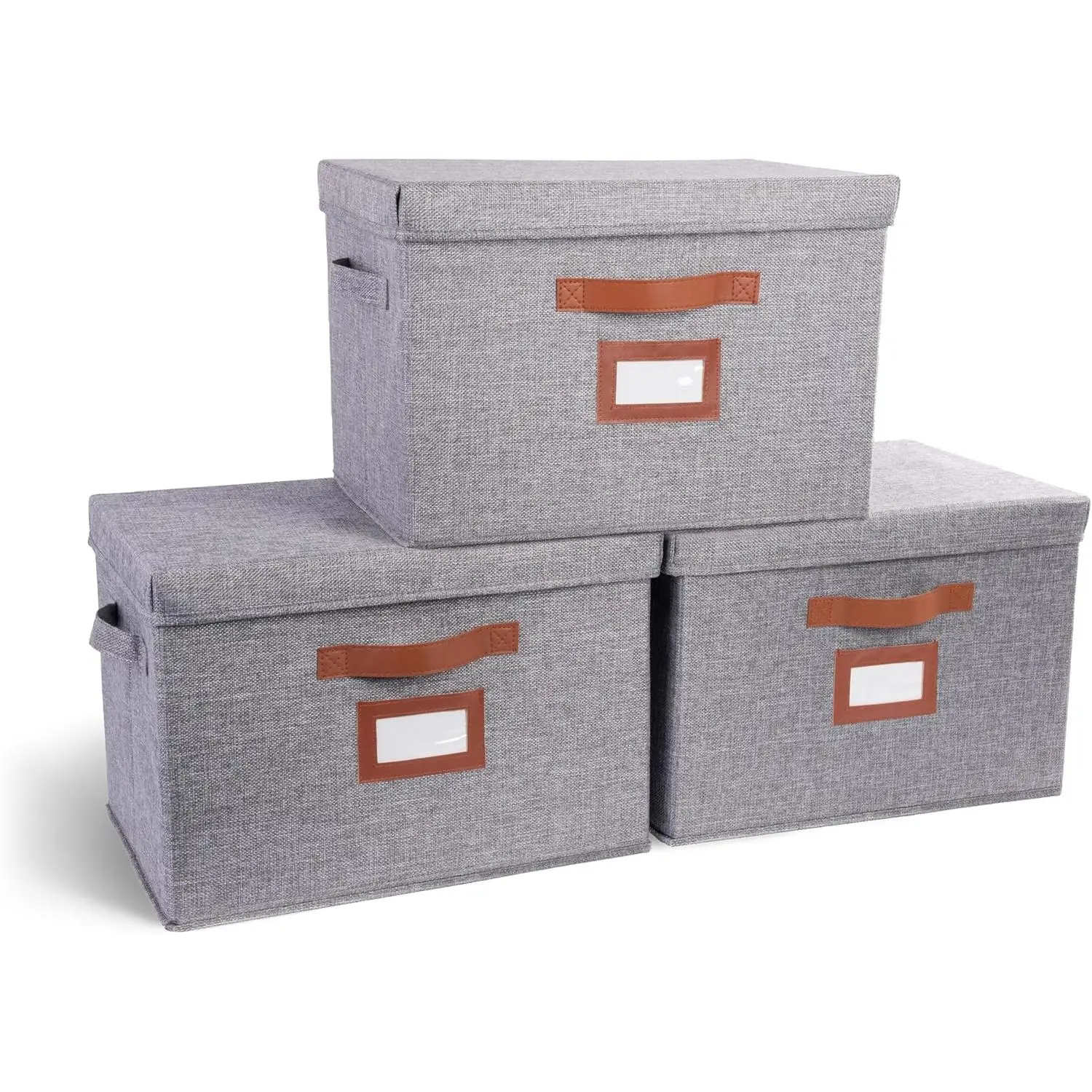 3 Pack Large Fabric Storage Bins with Lid - Decorative Box with Lid, Label Holder, Faux Handles - Large Decorative Storage Boxes with Lids for Organizing Clothes, Blankets - Steel Gray