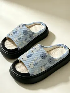 Light Blue Cartoon Rabbit Slippers, Waffle Breathable Insole, Thick Sole Women's Casual Sandals, Sporty Style, Nonwoven Fabric Upper