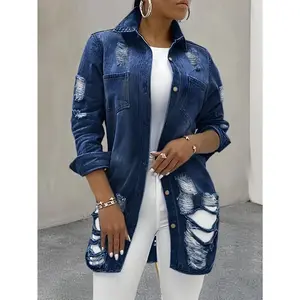 Women's Denim Jacket, Distressed Ripped Button Sexy Style, Casual Long-Sleeved Denim Jacket Womenswear Coats Collared Dark Blue Tops Basic