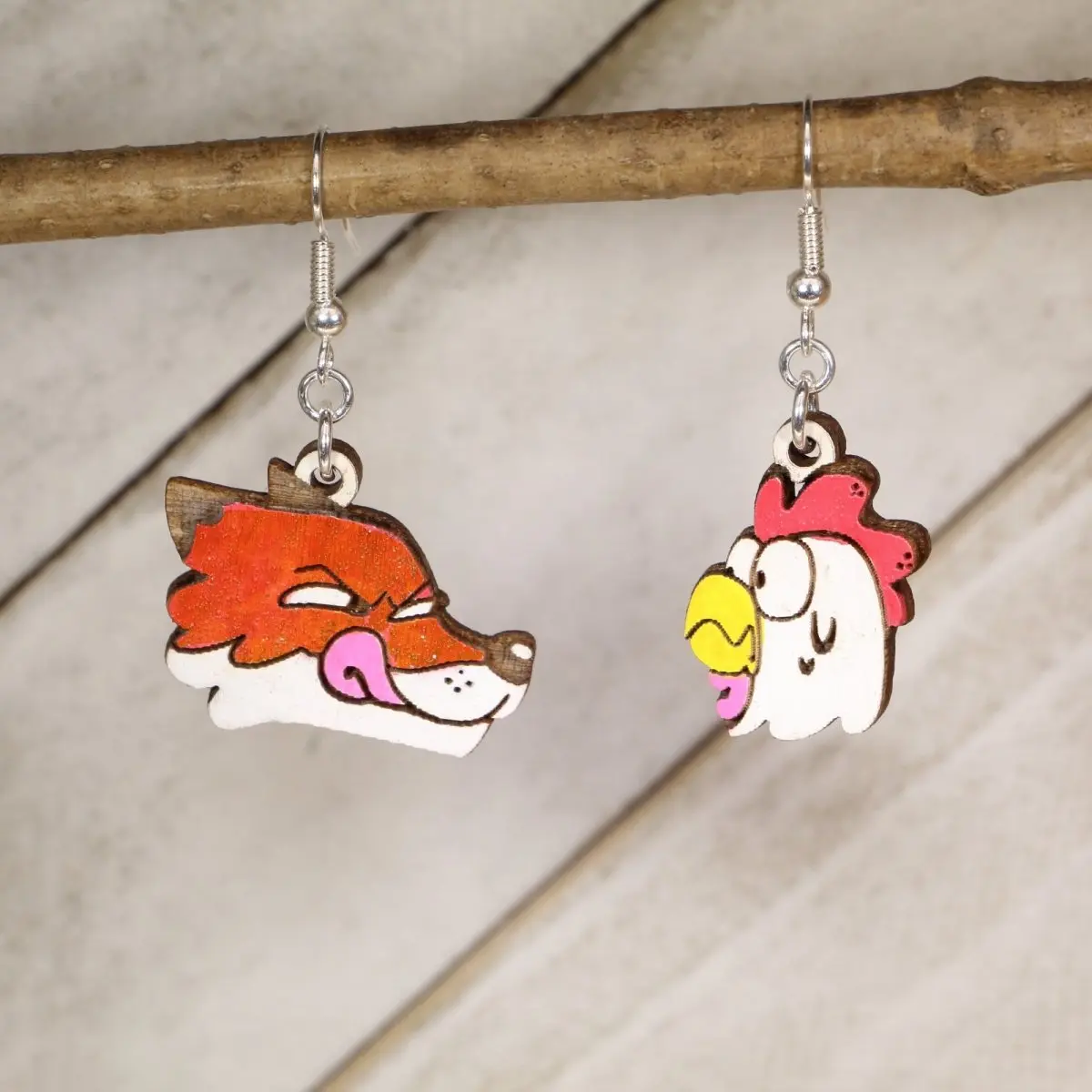 Fox and Chicken Wooden Earrings | Farm Animal Humor Jewelry