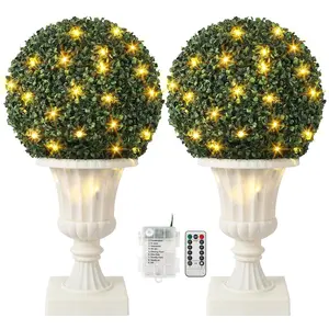 16” Artificial Plant Topiary Ball, Pre-Lit Artificial Topiary Plant with Lights, Timer and Remote Control, Artificial Outdoor Porch Trees with Red Urn Base for Outdoor Indoor，White