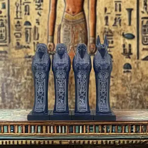 4 Piece Egyptian God Resin Figurines, Blue, Mystical Vintage Style, Hieroglyphs and God Heads, Home Decor, Office Display, Party Setup