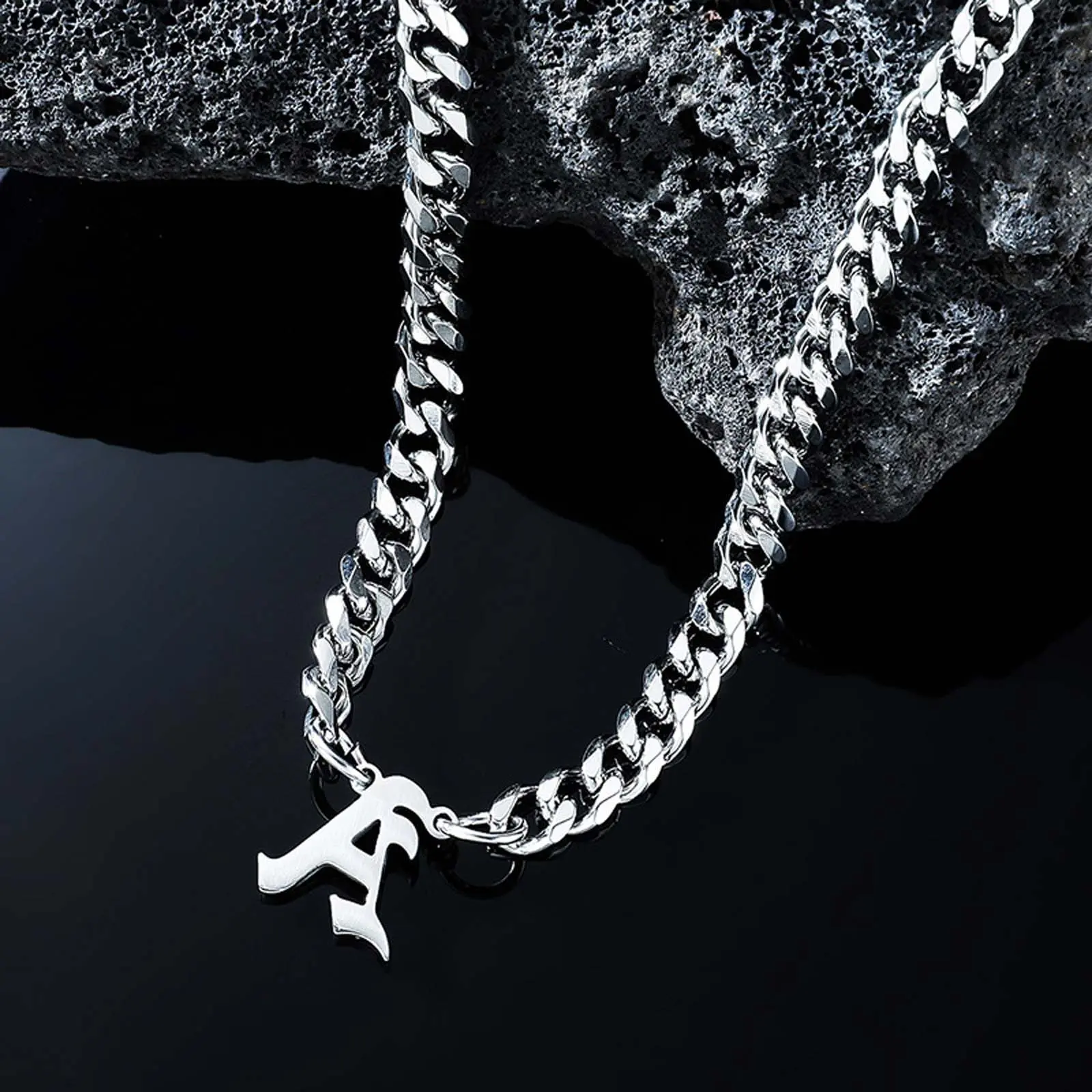 Men's Initial Letter Necklace, Silver-Tone Stainless Steel Cuban Link Chain with a Geometric Hexagonal Pendant, Casual Daily Jewelry, Cuban Link Design, Initial Necklaces