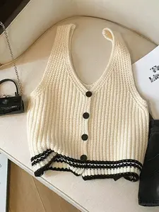 Women's Knitted Sweater Vest V-Neck Pullover Fashion Colorblock Single Button Backless Top, Casual Stylish Outerwear Womenswear