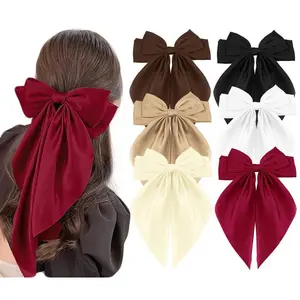 6 Pcs Big Bow Hair Clips for Women Girls Silky Satin Large Hair Bows Soft Long Tail Oversized Hair Ribbon Clips Bowknot Metal Spring Hair BarrettesGift