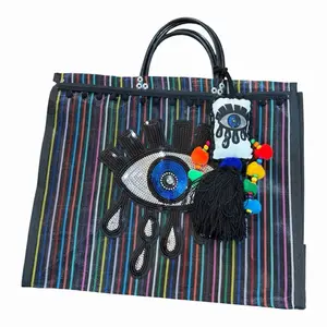 Mexican Maya Bag with Evil Eye Applique Boho Aztec Purse Blue Striped Design Colorful Beads and Pom Pom Handbag
