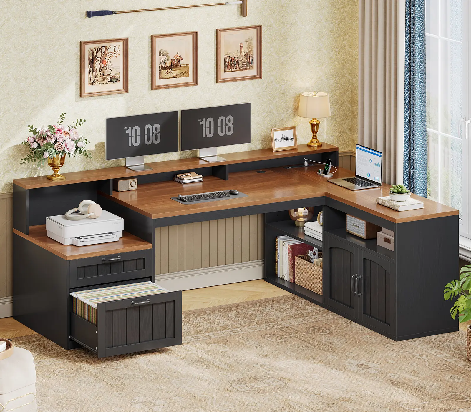 SEDETA Classic 59" L-Shaped Farmhouse Corner Sturdy Computer Desk - Wooden Desktop, Drawers, File Drawer, Storage Cabinet, Monitor Stand, 1-Button Off - A4 Size Compatible Desk for Bedroom, Office Use, After-Sales Service Workstation