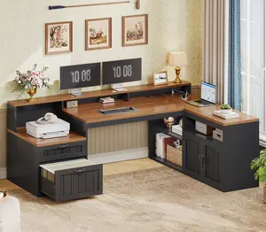SEDETA 59" L Shaped Desk with Drawers, Farmhouse Corner Computer Desk, Wood Office Desk with File Drawers with Storage, Home Office Desks with Monitor Stand and Storage Cabinet SEDETA 59" L Shaped Desk with Drawers, Farmhouse Corner Computer Desk, Wood Office Desk with File Drawers with Storage, Home Office Desks with Monitor Stand and Storage Cabinet
