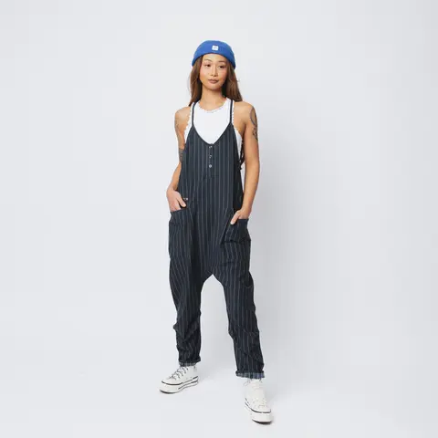RAGS Women's Oversized Black Pinstripe Tank Romper Overalls - Adjustable Straps, 1 Pocket, Stylish Design