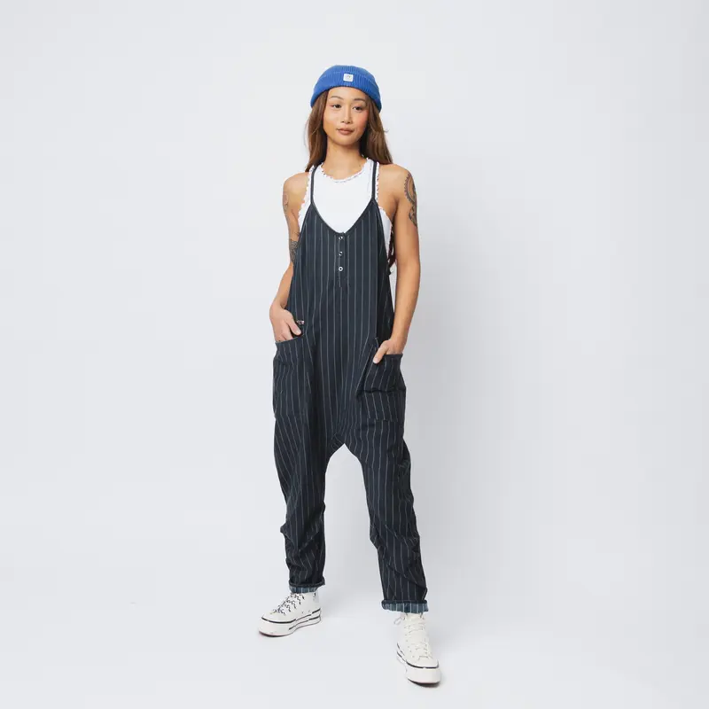 RAGS Women's Oversized Black Pinstripe Tank Romper Overalls - Adjustable Straps, 1 Pocket, Stylish Design
