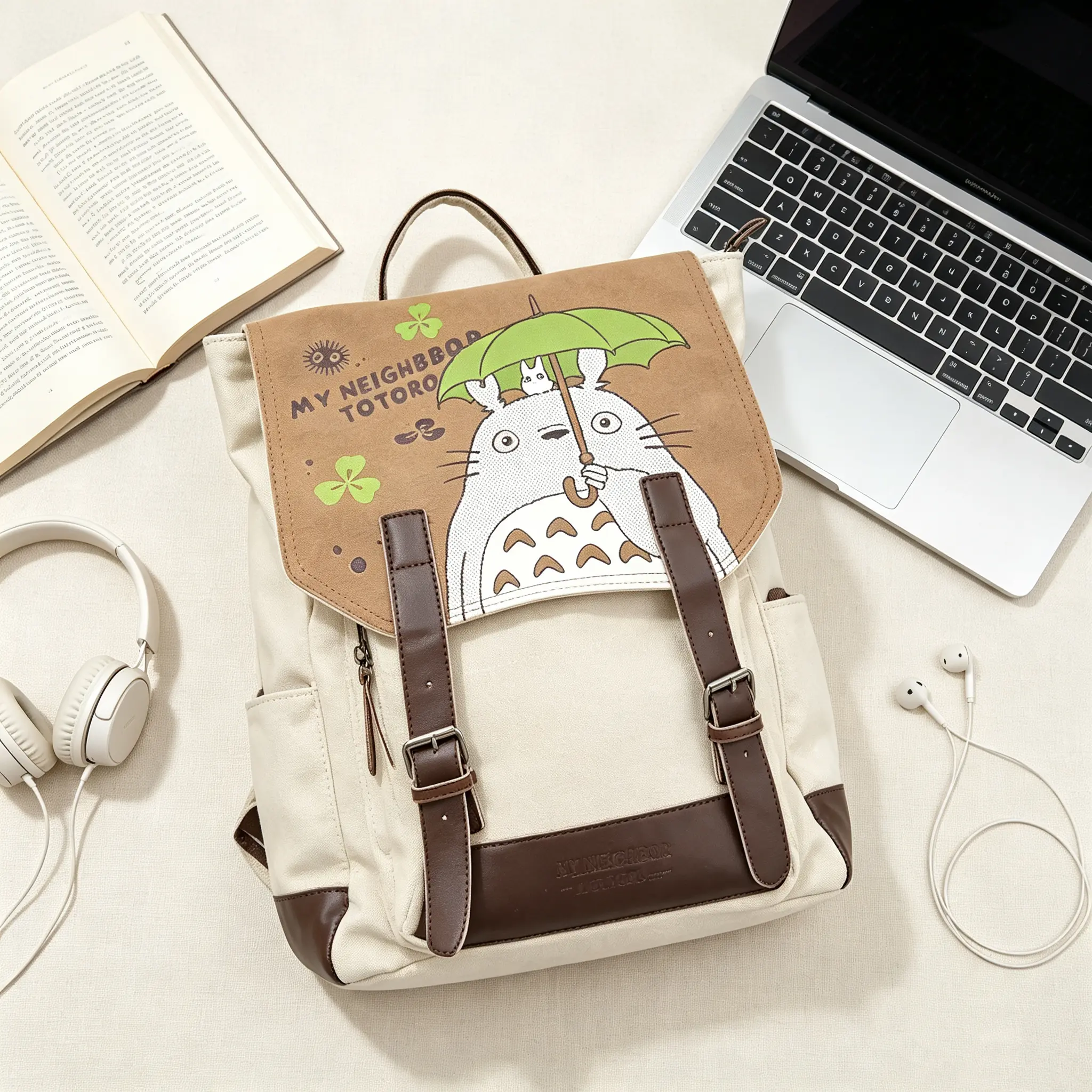 Totoro Canvas Backpack - A unisex household storage bag designed specifically for anime fans, suitable for role-playing at anime exhibitions and outdoor use. The backpack cover is designed as a student backpack