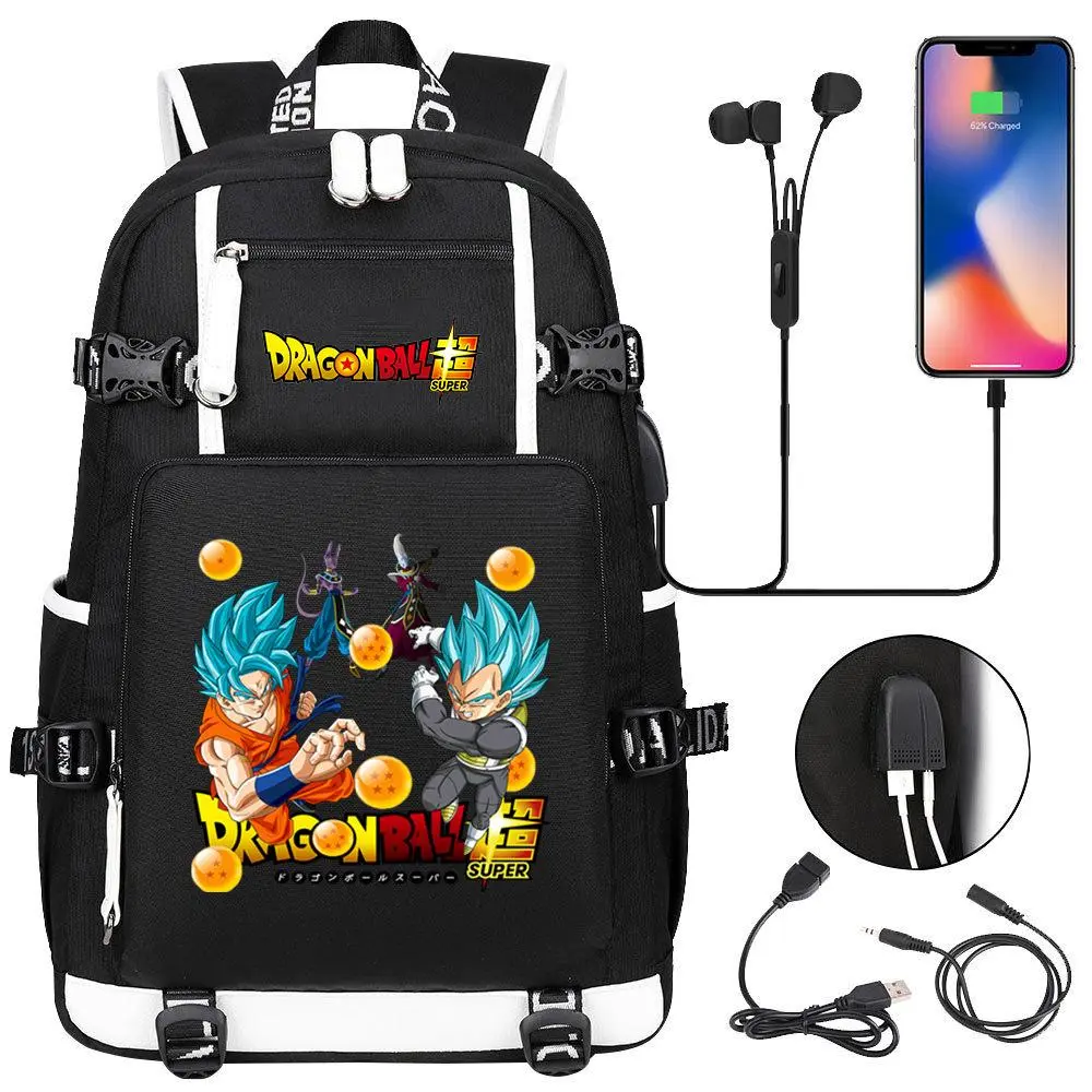 Dragon Ball Super Anime Backpack With USB Charging & Headphone Port, Saiyan Goku Vegeta Graphic Teen Boys Oxford Laptop Daypack