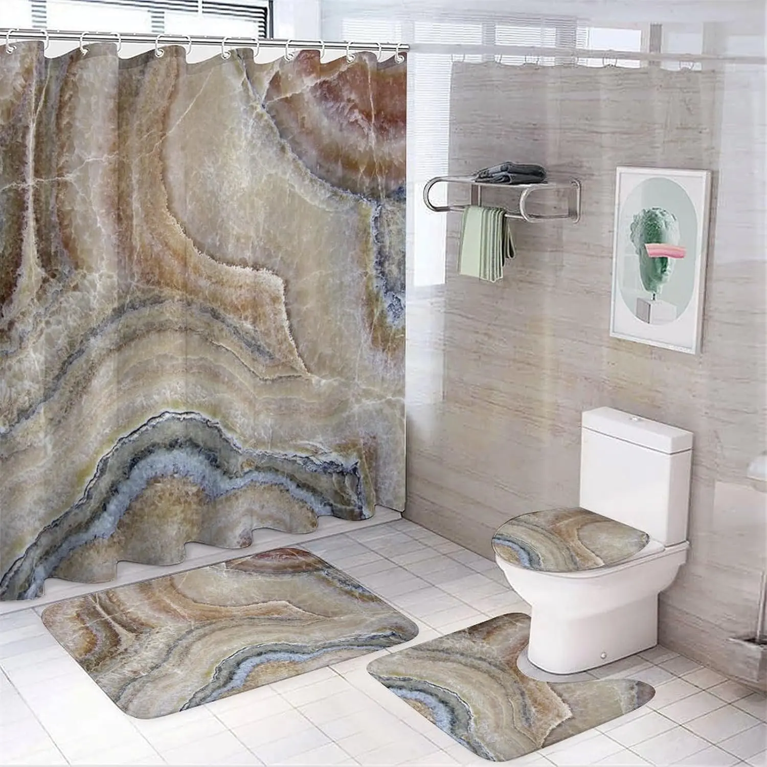 Marble Pattern Bathroom Accessories, 4 Counts/set Including 1 Shower Curtain with 12 Hooks, 1 Toilet Lid Cover, 1 Rectangular Mat, 1 U-shaped Mat, Bathroom Decoration Accessories, Shower Curtain Sets